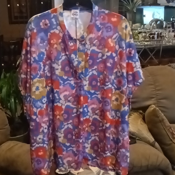 ZIG ZAG SRIPE floral multi-colored blouse w pleated front & elastic cuffs Sz OS - Picture 4 of 10